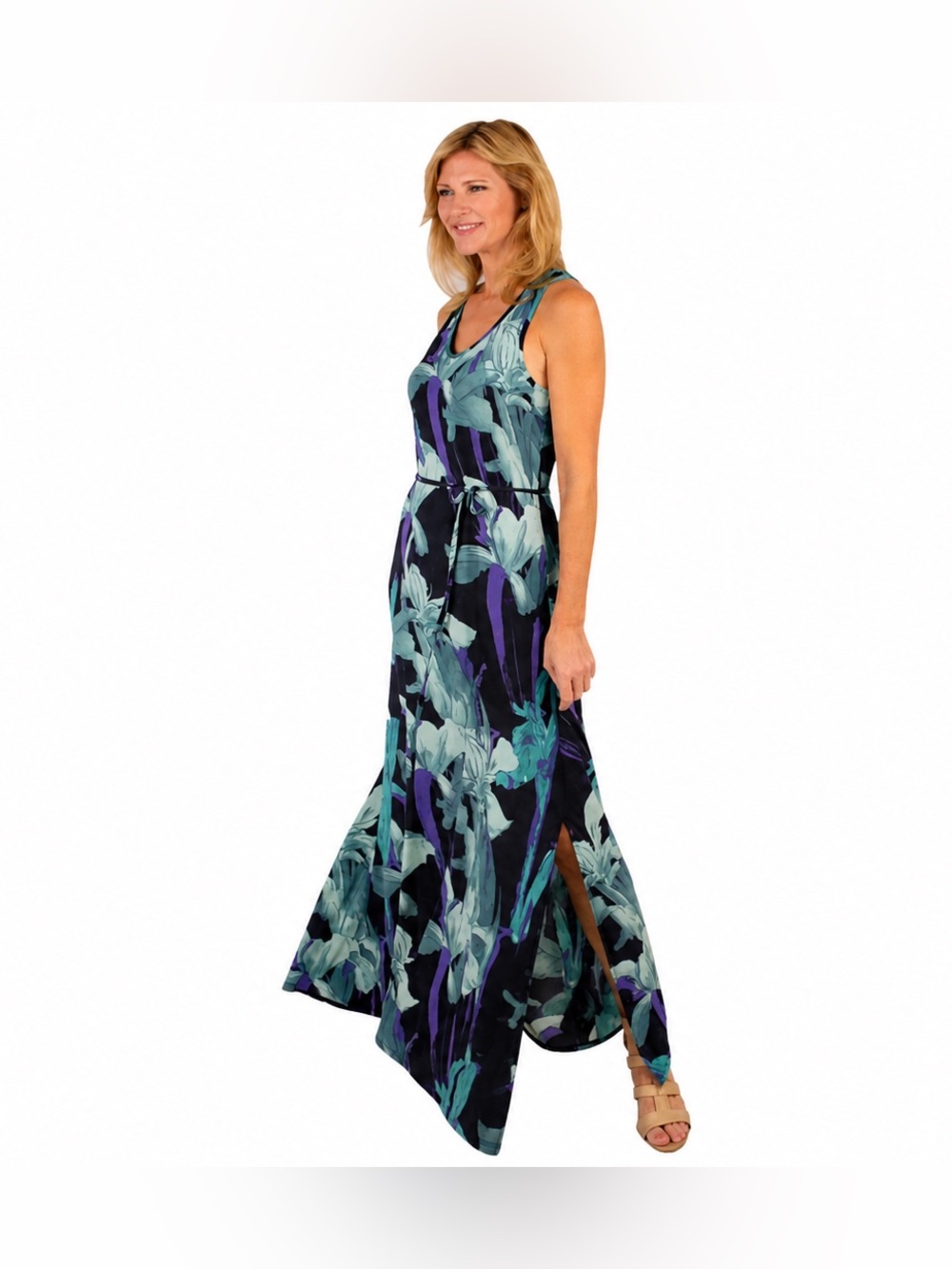 DKR Apparel V-Neck Racerback Maxi Dress-Navy/Teal Floral Print